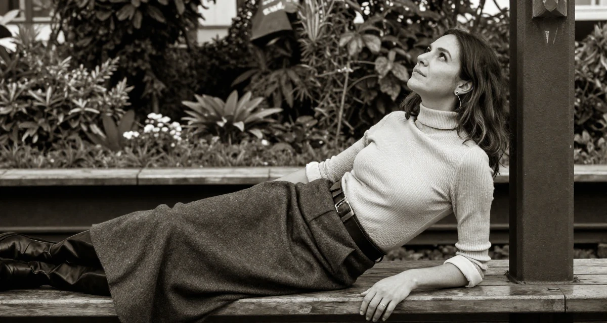 A calm and confident Female From Berlin Germany, holds a degree in media engineering in their 46, transitioning from employee to founder, wearing a ribbed mock neck top and a long wool skirt, rolling up sleeves in a subway station.
