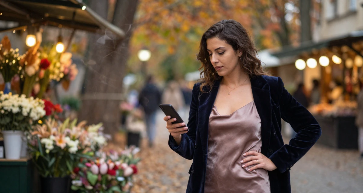 A harmonious Female Born in Cyprus, studied tourism development in their 25, learning lighting tricks that highlight sensual curves safely, wearing a velvet blazer and a silk slip dress, scrolling casually in a autumn forest.