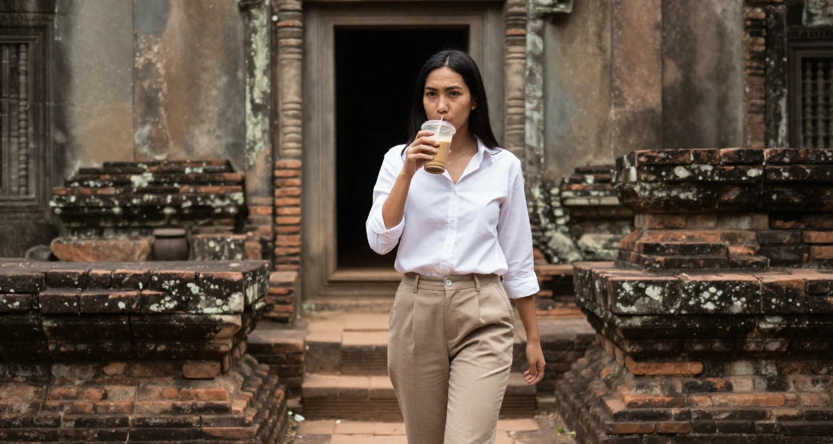 A indifferent Female From Thailand, based in Chiang Mai, graduated from a regional college majoring in content production in their 25, embracing full creative control over a bold persona, wearing a crisp white shirt and chinos, sipping a latte in a ancient stone ruins.
