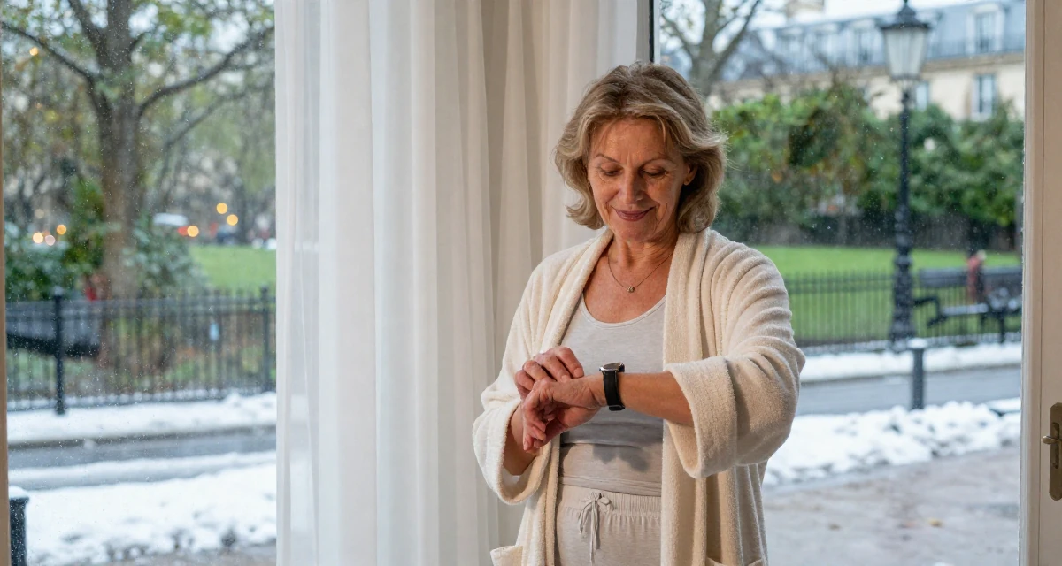 A sincere Female From Paris France, majored in cultural studies in their 48, grandmother sharing joy and family recipes, wearing a soft cotton underwear set worn with an open robe, checking a wristwatch in a snowy sidewalk.