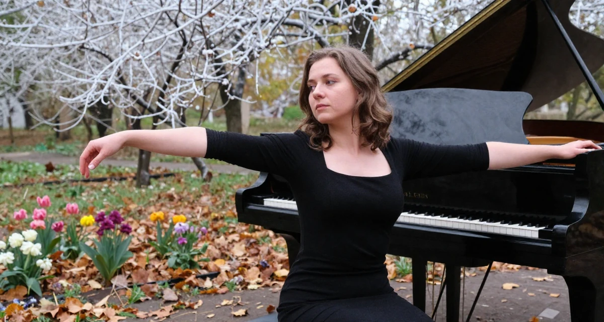 A sentimental Female From Russia, has a background in piano performance in their 25, upgrading equipment slowly as earnings grow, wearing a fitted black dress with a square neckline, stretching arms after waking in a blooming flower garden.