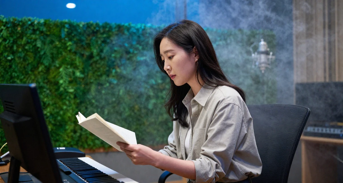 A relieved Female From South Korea, studied interface design in their 47, revitalizing a marriage after twenty years, wearing a refined casual Friday look, turning a page in a music recording studio.