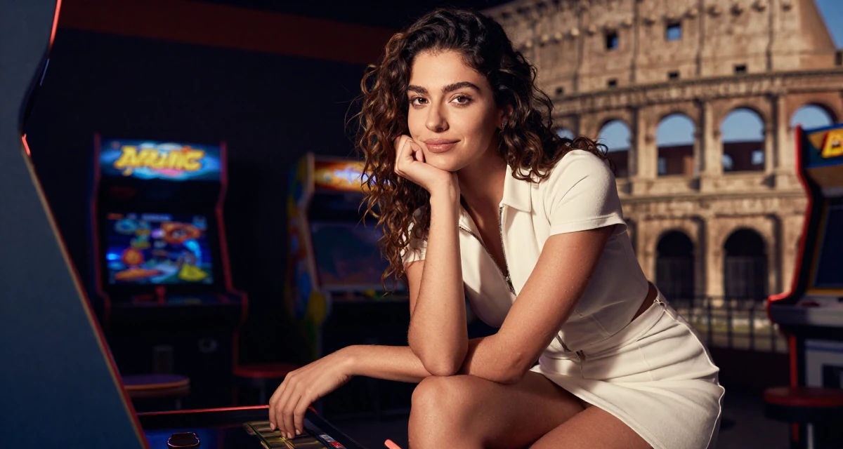 A warm Female From Tunisia, majored in data science in their 27, embracing natural beauty and minimalism, wearing a race queen outfit with a zipper front and mini skirt, picking something up in a arcade room with neon lights.