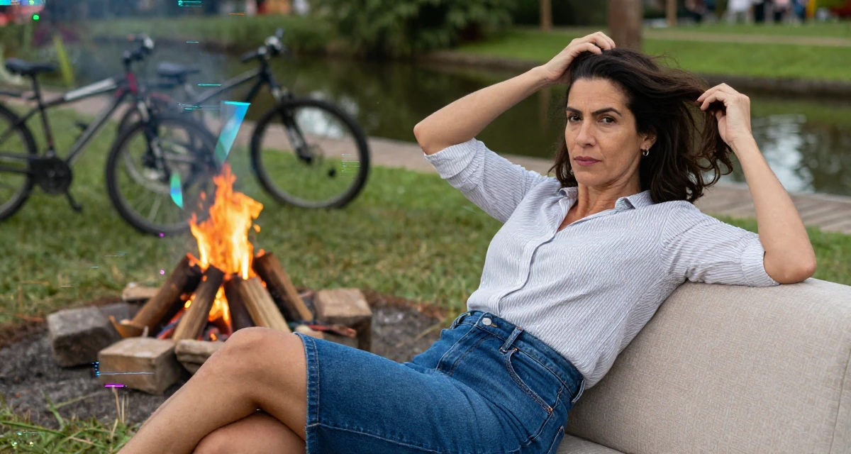 A reassured Female From Brazil, trained in physical therapy in their 38, focused on longevity and holistic wellness, wearing a striped button-down shirt tucked into a denim pencil skirt, messing up hair playfully in a campfire circle.