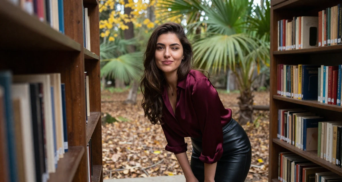 A elegant Female From Egypt, majored in archaeology in their 28, learning to separate self-worth from subscriber numbers, wearing a burgundy silk blouse and black leather skirt, winking playfully in a autumn forest.