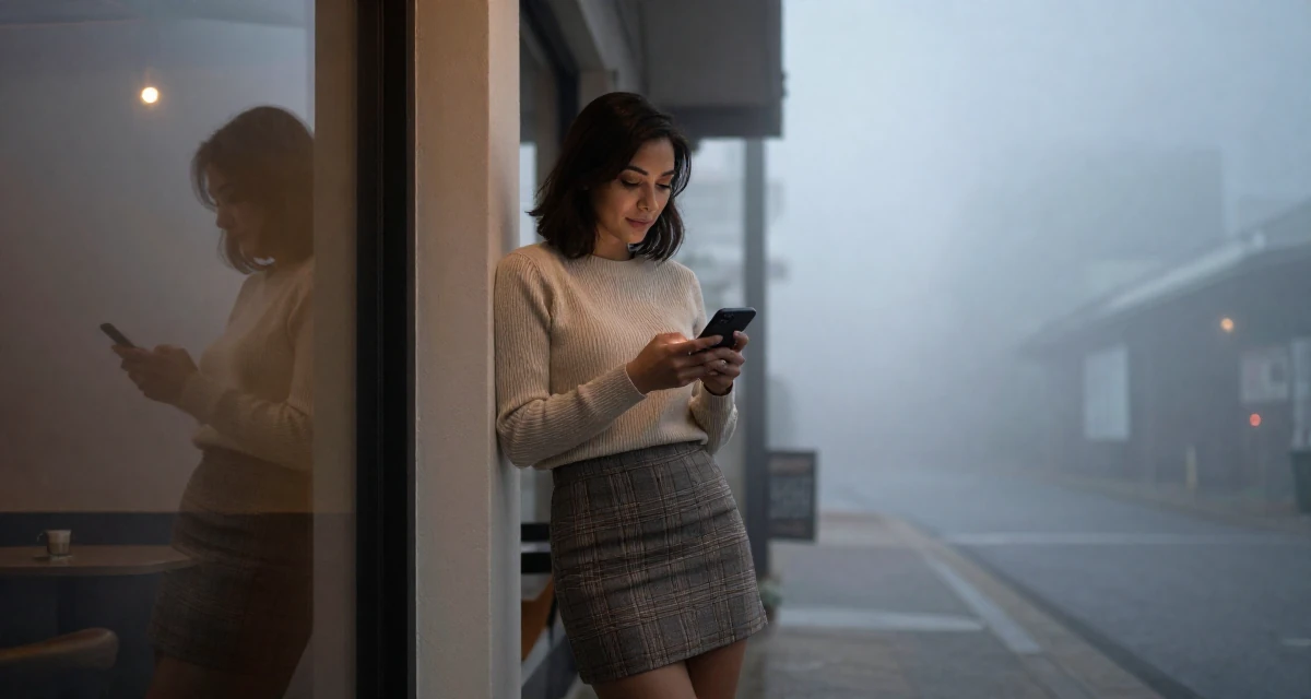 A gentle Female From Australia, based in Gold Coast, graduated from a media academy majoring in sensual creative direction in their 41, focusing on financial independence and investing, wearing a fitted merino wool sweater and plaid mini skirt, checking a notification on a phone in a cozy café.