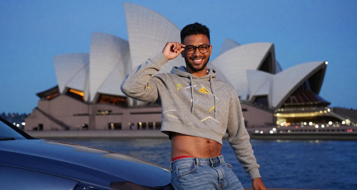 A smirking male From Sri Lanka, studied digital commerce in their 23, experimenting with bolder lingerie styles while staying safe, wearing a cropped hoodie showing midriff and low-rise jeans, adjusting glasses in a art gallery.