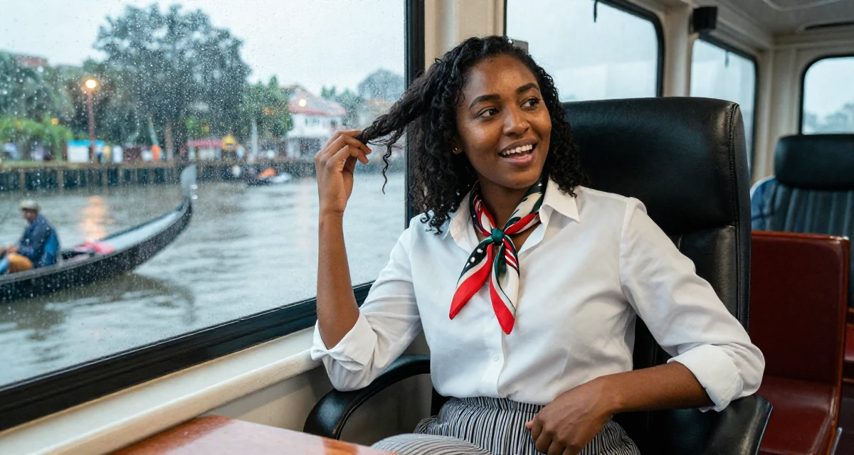 A enthusiastic Female Born in Kenya, majored in mathematics education in their 31, balancing career peaks with personal downtime, wearing a silk scarf tied around the neck of a white shirt, fixing the hem of a skirt in a ferry deck.