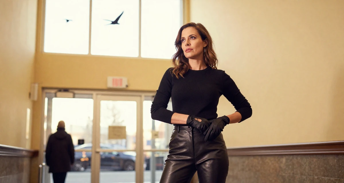 A relaxed and observant Female From Canada, based in Vancouver, graduated from an arts institute majoring in creative media in their 25, defining a mature, seductive but classy persona, wearing a sleek leather pants styling, removing a glove in a cinema entrance.