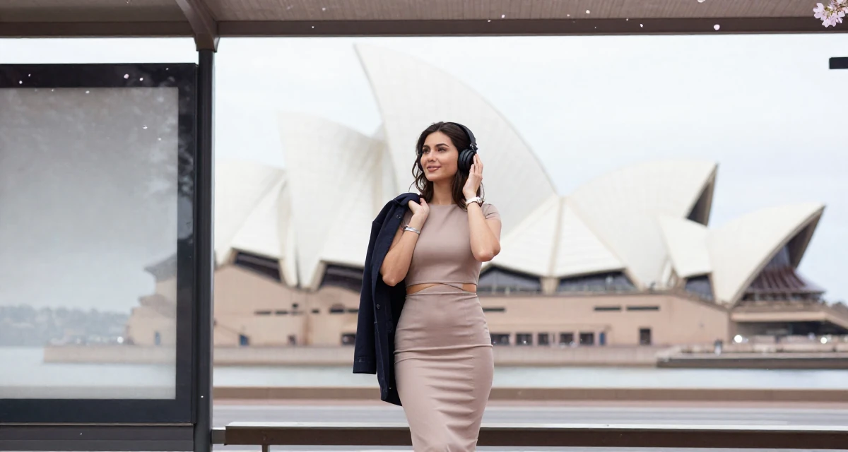 A positive Female From Uzbekistan, majored in information systems in their 26, balancing a demanding career with dating life, wearing a fitted midi dress with a cutout at the waist, adjusting headphones in a bus stop.