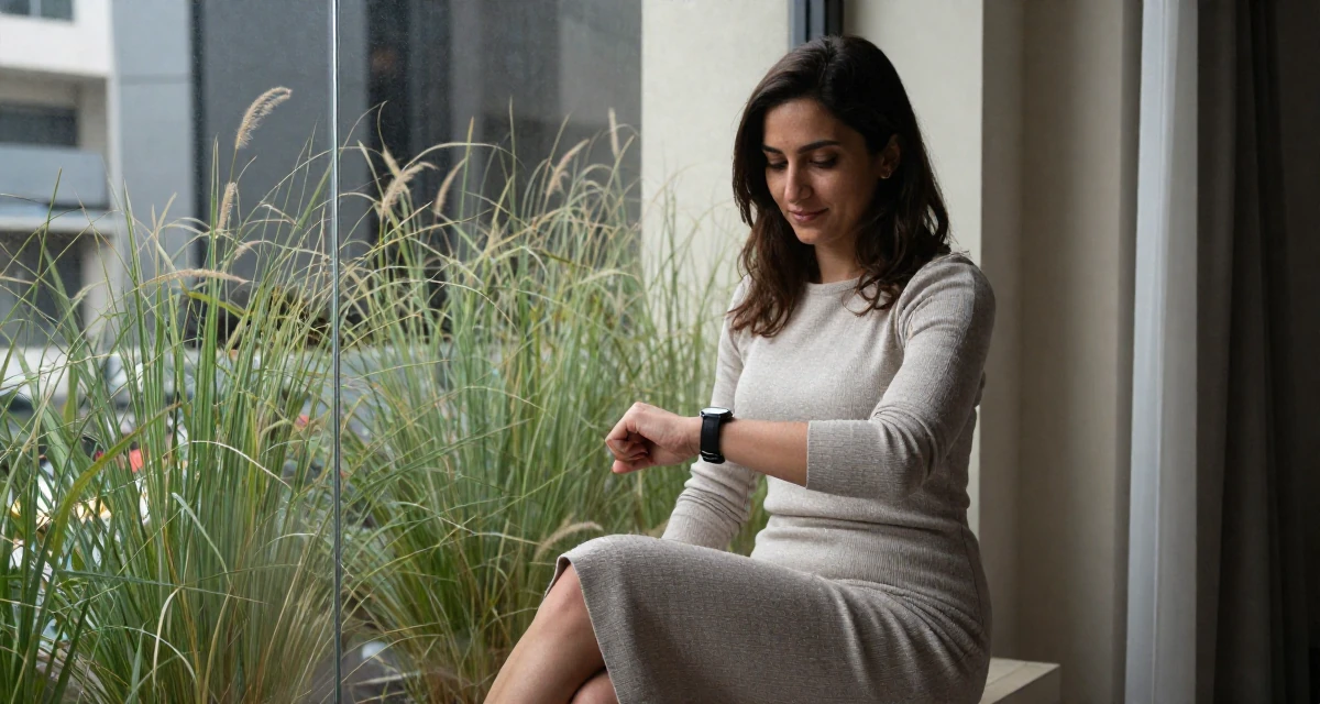 A quietly happy Female From Afghanistan, majored in agricultural science in their 30, carrying the weight of years of hustling online, wearing a tight knit midi dress with long sleeves, glancing at a wristwatch in a home interior.