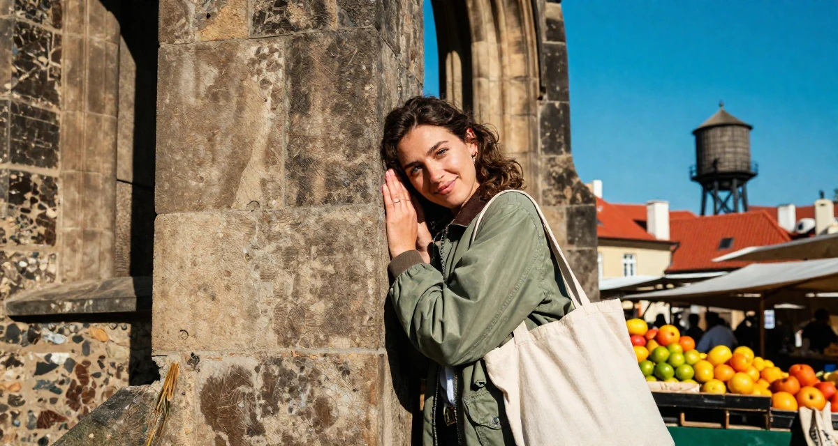 A flirty Female From Prague Czech Republic, explored intimate photography as art in their 33, embracing a solo travel lifestyle, wearing a retro windbreaker jacket, carrying a tote bag in a ancient stone ruins.