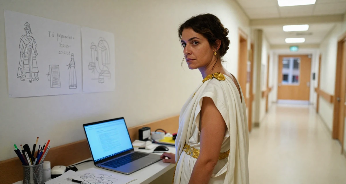 A mellow Female From Belgium, majored in political science in their 44, building a personal brand on authenticity, wearing a greek goddess toga with gold leaf accessories, rolling up sleeves in a hospital corridor.