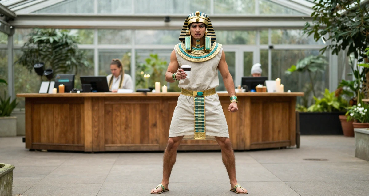 A ferocious male From Zurich Switzerland, holds a degree in accounting and finance in their 25, planning next steps in personal development, wearing a egyptian queen costume with gold collar and linen, holding a cup of coffee in a greenhouse interior.