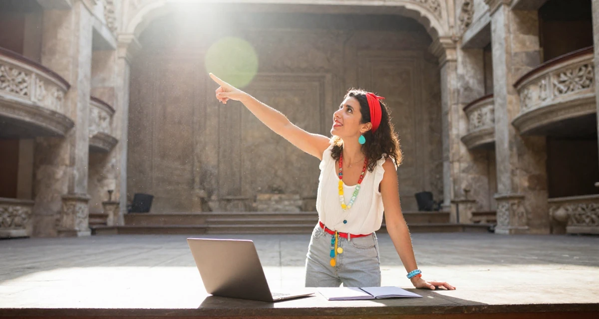 A positive Female From Argentina, based in Buenos Aires, graduated from a media institute majoring in flirtatious content styling in their 33, expert in productivity and time management, wearing a pop of color accessory look, waiting for a taxi in a empty theater stage.