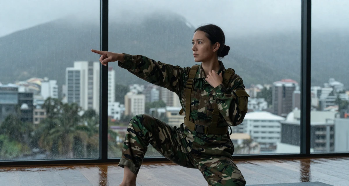 A solemn but kind Female From Australia, studied marine biology on the coast in their 22, managing new financial responsibilities, wearing a commando outfit with camouflage paint and tactical harness, fixing a collar in a yoga studio.