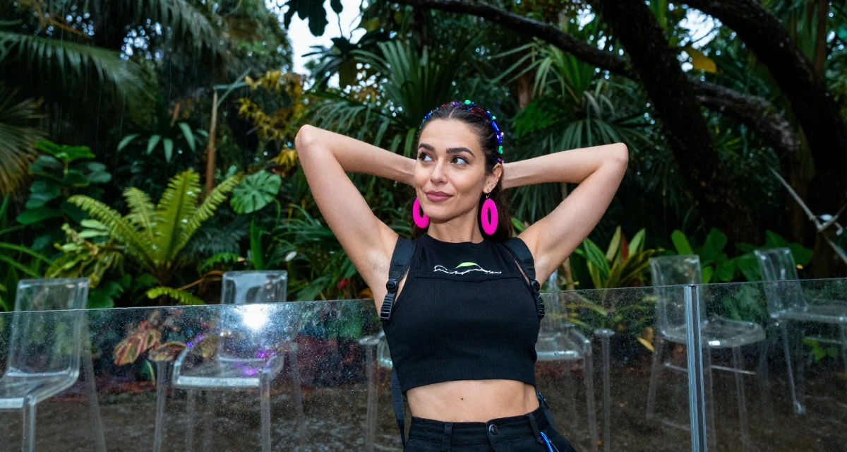 A witty Female Born in New Zealand, studied creative media production in their 25, radiating an elegant and poised vibe, wearing a pop of color accessory look, glancing sideways in a quiet park.