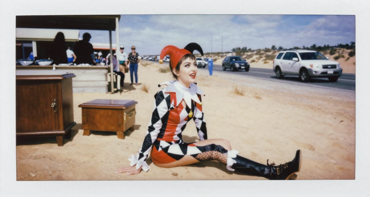 A witty Female Born in New Zealand, studied creative media production in their 22, planning themed sensual shoots for better consistency, wearing a harlequin jester costume with a diamond pattern, watching traffic pass by in a desert sand dunes.