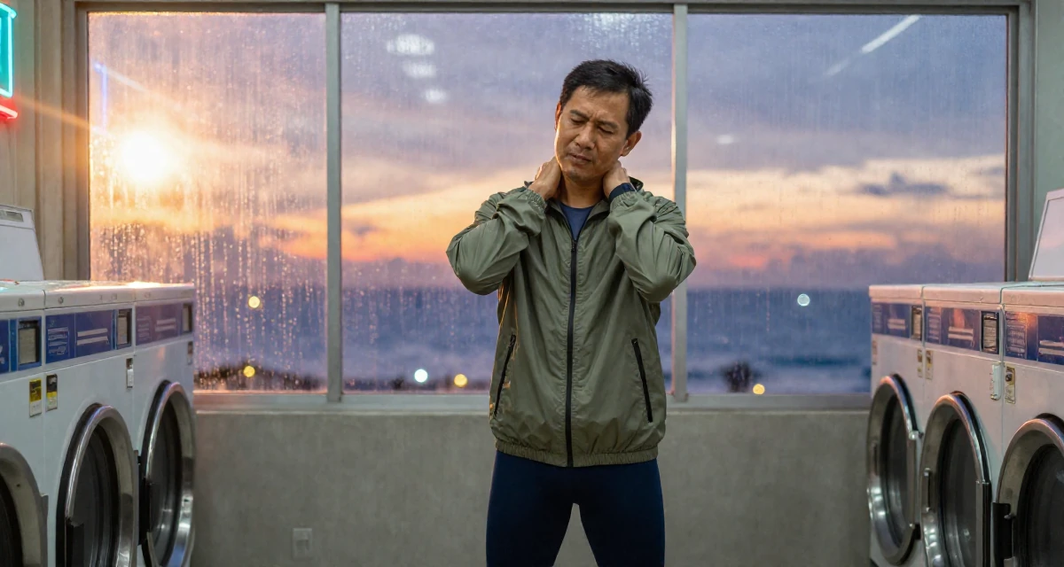 A soulful male From Thailand, studied hospitality management in their 50, inspiring others to start over at any age, wearing a sporty windbreaker and leggings, massaging the neck in a laundromat with neon signs.