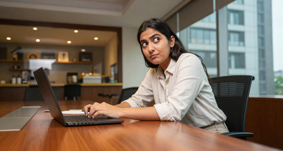 A mischievous Female From Bangladesh, studied textile engineering in their 24, exploring opportunities for self-expression, wearing a clean, neutral-toned casual outfit, typing a message in a high-rise office building.