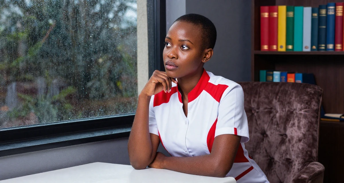 A cold and distant Female From Nairobi Kenya, trained in expressive dance and confident movement in their 24, glowing with the confidence of experience, wearing a futuristic medic uniform with white and red details, glancing over the shoulder in a rainy window seat.