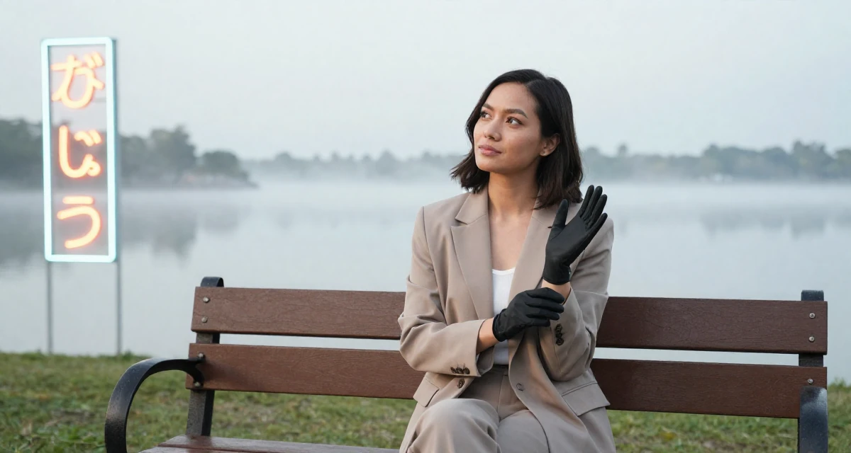 A relaxed and observant Female From the Philippines, based in Davao, graduated from a communication program majoring in fan engagement dynamics in their 46, transitioning from employee to founder, wearing a relaxed fit suit separate, putting on a glove in a park bench.