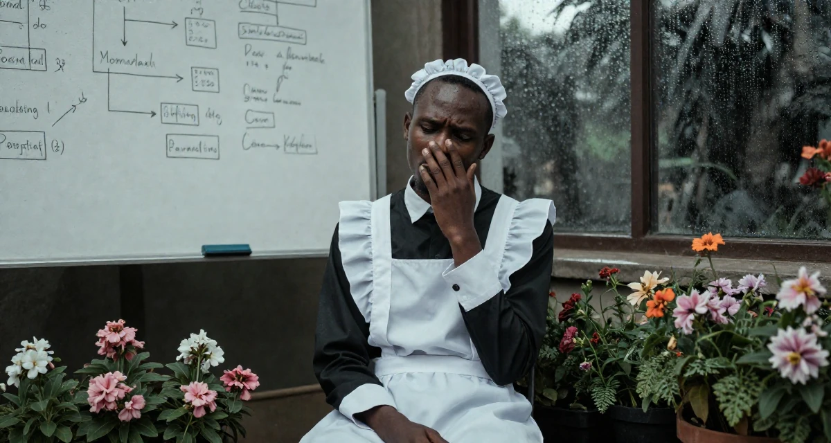 A enigmatic male From Mombasa Kenya, studied hospitality in their 23, masking anxiety behind playful posts, wearing a maid outfit with a white apron and ruffled headband, taking a deep breath in a blooming flower garden.