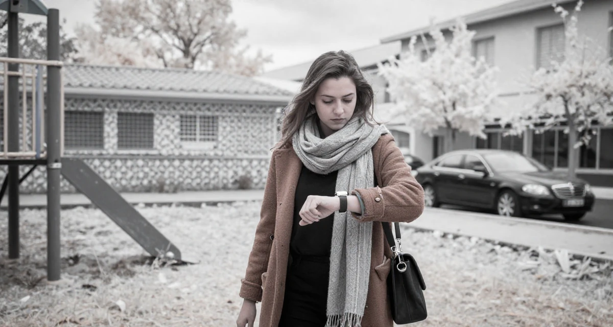 A thoughtful Female From Marseille France, trained in Mediterranean beach modeling in their 41, sharing the reality of raising high schoolers, wearing a layered autumn coat and scarf, glancing at a wristwatch in a school playground.
