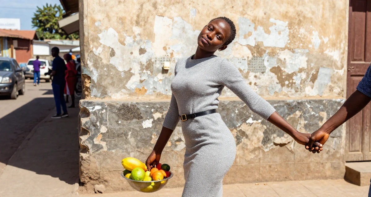 A lazy Female From Mombasa Kenya, studied hospitality in their 24, leaning into confidence as a form of creative expression, wearing a form-fitting sweater dress with a belt, holding hands with someone unseen in a bustling city street.