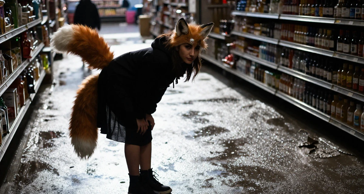A calm and confident Female From USA, studied psychology and human behavior in their 41, sharing the reality of raising high schoolers, wearing a fox spirit (kitsune) outfit with fluffy ears and tails, fixing the hem of a skirt in a supermarket aisle.
