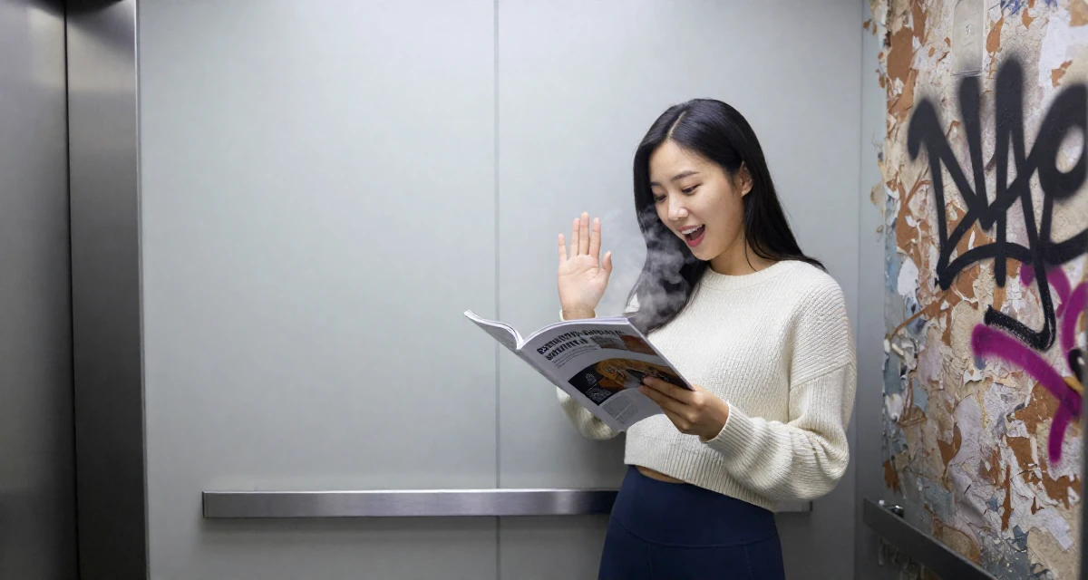 A enthusiastic Female From Korea, studied film directing in their 20, navigating the chaos of freshman year university life, wearing a cropped knitted sweater and form-fitting yoga pants, flipping through a magazine in a corporate elevator.