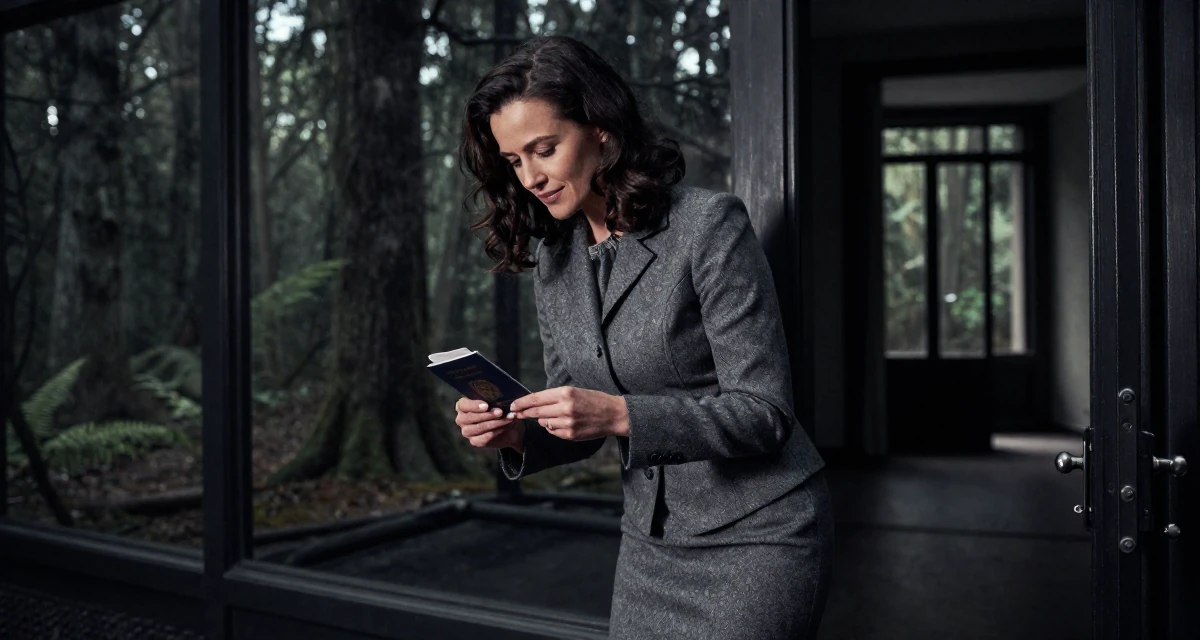 A gentle Female From Rotterdam Netherlands, practiced lifestyle videography and editing in their 40, celebrating professional mastery and confidence, wearing a grey wool skirt suit with a fitted jacket, holding a passport in a magical forest clearing.
