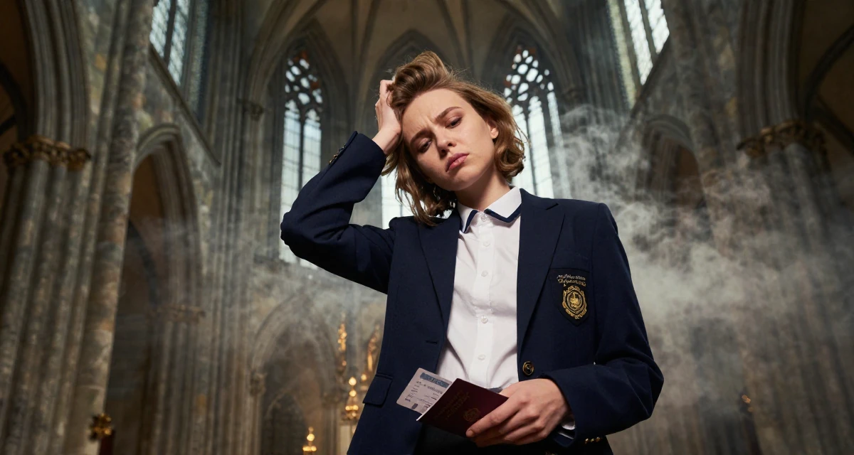 A bored Female From Russia, majored in international trade in their 22, dealing with inconsistent income month to month, wearing a school council president uniform with a blazer, holding a passport or ticket in a gothic cathedral interior.