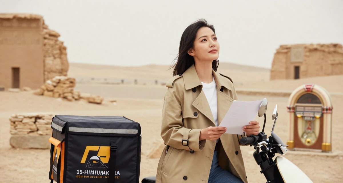 A gentle and kind Female Former food delivery biker, now exploring creator freedom in their 24, refining a signature style between classy and daring, wearing a stylish trench coat over basics, holding a piece of paper in a desert landscape.