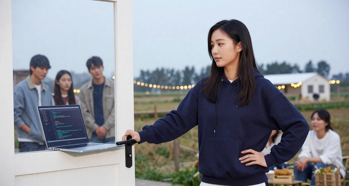 A lighthearted Female From Shanghai China, grew up studying dance and digital arts in their 22, grinding nonstop while peers enjoy carefree weekends, wearing a relaxed streetwear, pushing a door open in a farm field.