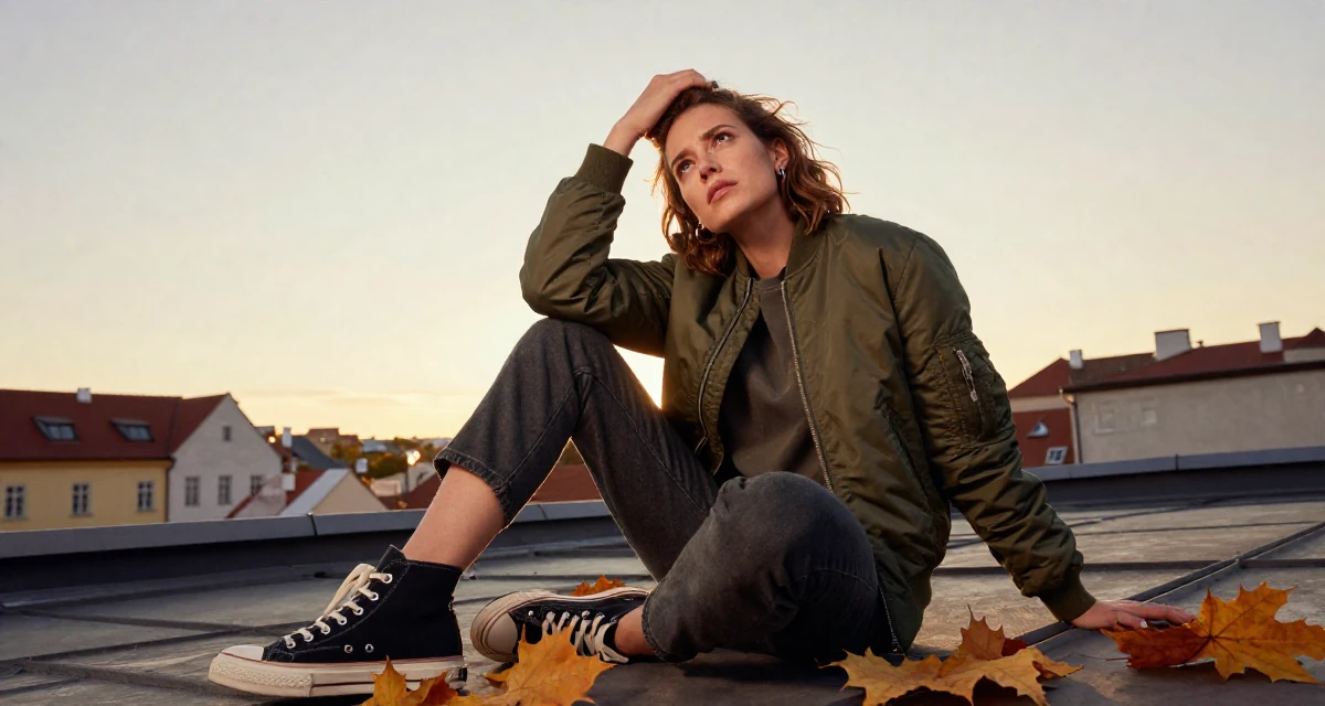 A tense Female From Brno Czech Republic, trained in alternative fashion styling in their 22, adjusting to the exhaustion of a 9-to-5 routine, wearing a classic bomber jacket style, gazing at the sky in a rooftop terrace at sunset.