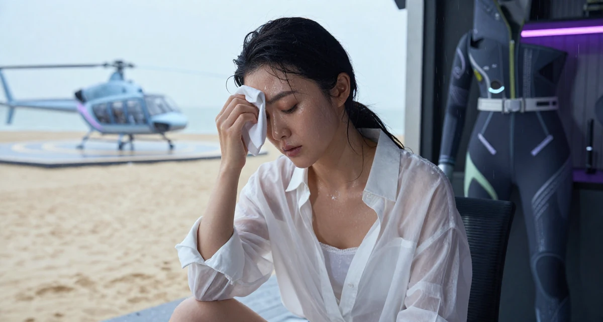 A dazed Female Former personal trainer, now documenting transformation journeys for fans in their 25, appreciating quiet mornings and routines, wearing a sheer white blouse with a delicate camisole underneath, wiping sweat from the brow in a front porch.