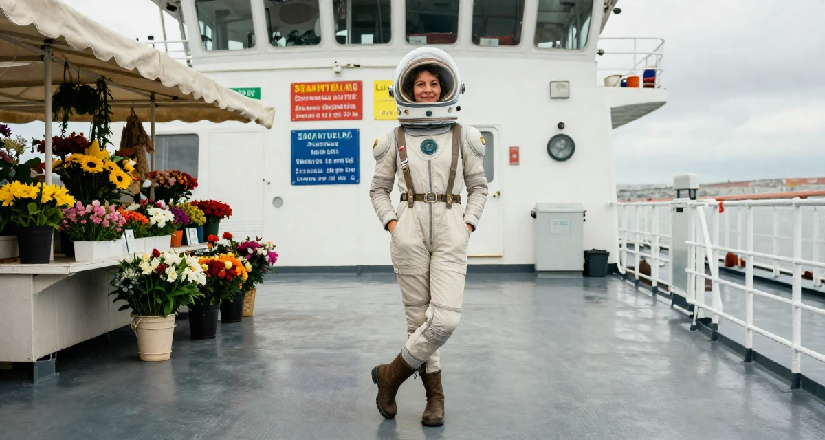 A smiling gently Female From France, based in Marseille, graduated from a creative college majoring in intimate portrait photography in their 47, navigating the challenges of the sandwich generation, wearing a retro sci-fi space girl outfit with a bubble helmet, crossing legs in a ferry deck.