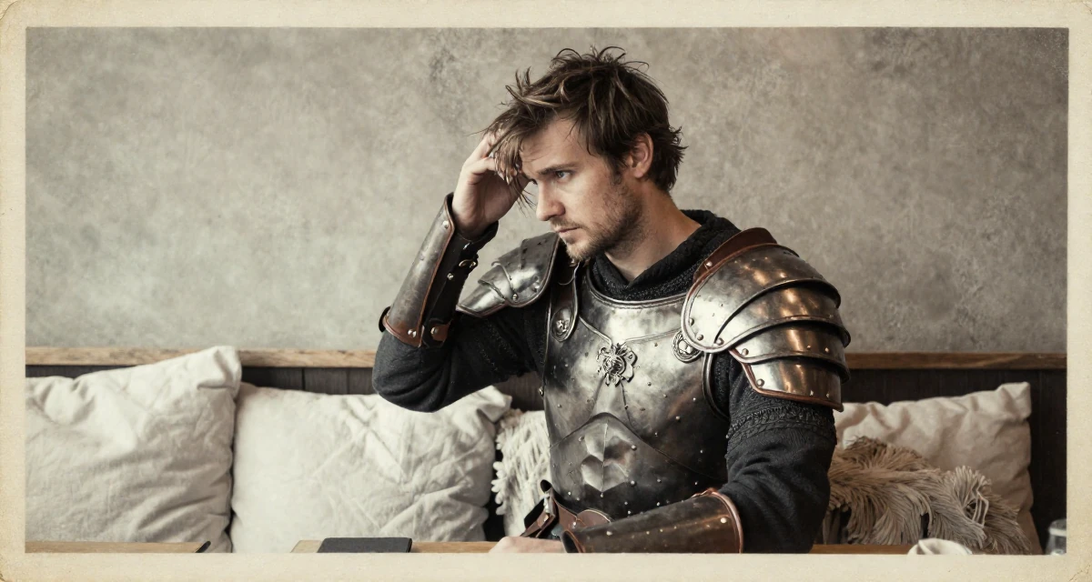A determined male From Copenhagen Denmark, studied influencer branding and content campaigns in their 24, managing emotional ups and downs from online criticism, wearing a gladiator armor with leather straps and a metal breastplate, pushing hair from face in a cozy café.