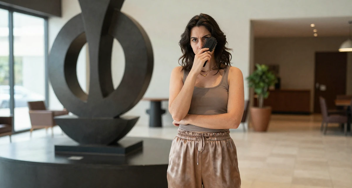 A pensive Female From Ecuador, studied system engineering in their 34, managing a complex portfolio of responsibilities, wearing a loose silk trousers and a fitted tank top, brushing hair away from the face in a hotel lobby.