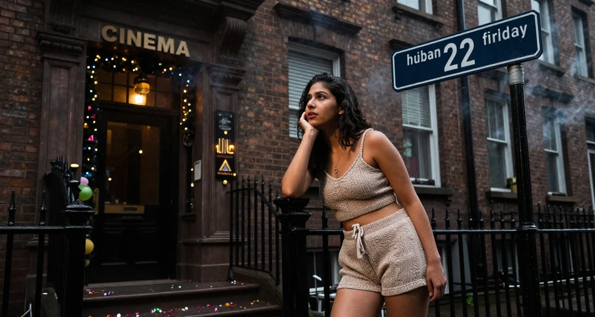 A enthusiastic Female Born in Nepal, studied urban planning in their 22, mourning the loss of the university community, wearing a knitted loungewear shorts and a matching tiny top, looking at a street sign in a cinema entrance.