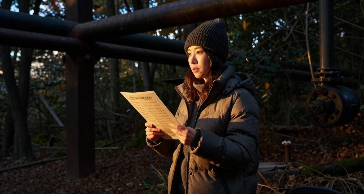 A zoned out Female From Korea, studied film directing in their 27, questioning long-term sustainability of creator life, wearing a warm puffer jacket and beanie, looking at a menu in a magical forest clearing.