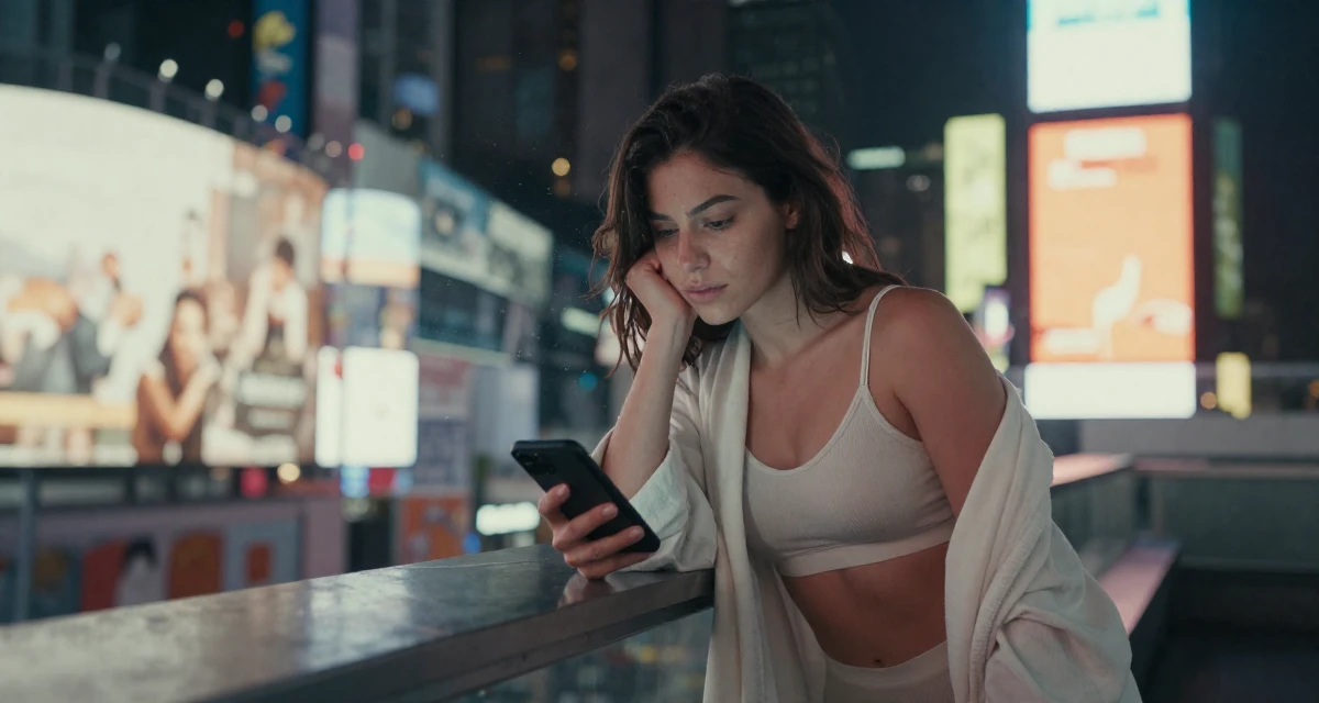 A observant Female From Thessaloniki Greece, majored in international economics in their 25, handling pressure from family expectations, wearing a soft cotton underwear set worn with an open robe, checking a phone in a rooftop terrace.