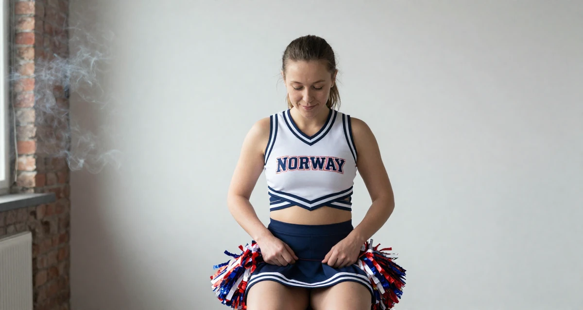A quietly happy Female From Oslo Norway, majored in music technology in their 31, sharing the reality of post-partum recovery, wearing a cheerleader uniform with a cropped top and pom-poms, fixing the hem of a skirt in a loft apartment with brick walls.