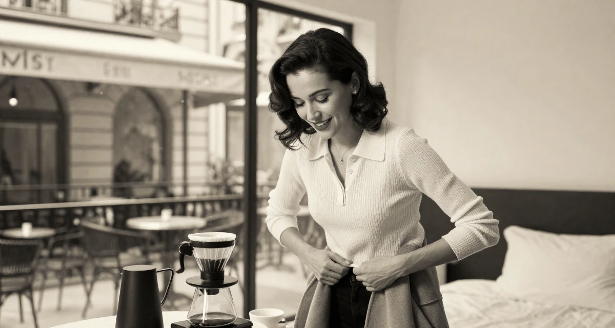 A sweet Female From the Philippines, based in Davao, graduated from a communication program majoring in fan engagement dynamics in their 36, expert in coffee culture and brewing, wearing a smart knit polo, unbuttoning a coat in a minimalist bedroom.