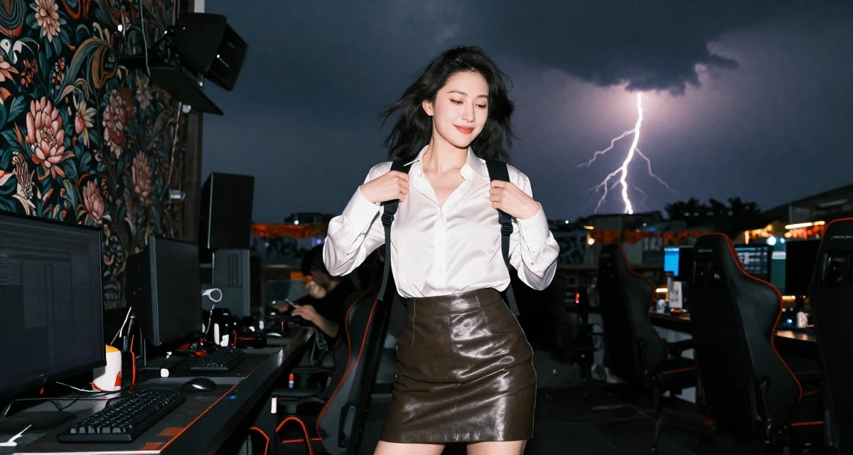 A softly smiling Female From Chengdu China, majored in fashion design in their 26, cutting off toxic relationships and habits, wearing a white silk shirt tucked into a leather pencil skirt, adjusting a backpack strap in a gaming room.