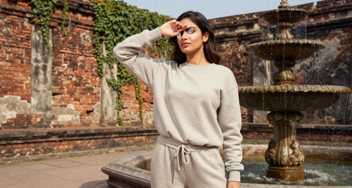 A arrogant Female From Bangalore India, holds a degree in software engineering in their 23, saving aggressively for a dream travel trip, wearing a relaxed jogger and sweatshirt combo, covering eyes from the sun in a ancient stone ruins.