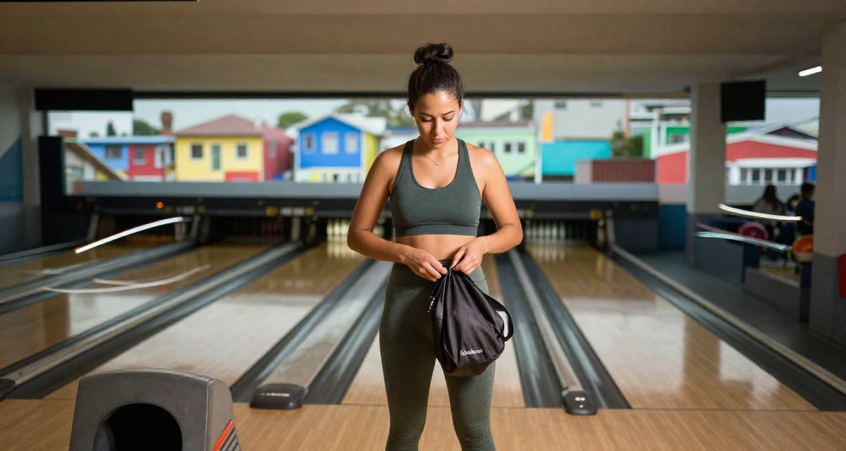 A assured Female From Cape Town South Africa, studied film editing in their 25, building a loyal fanbase with tasteful flirty storytelling, wearing a sporty athleisure look, zipping up a bag in a bowling alley.