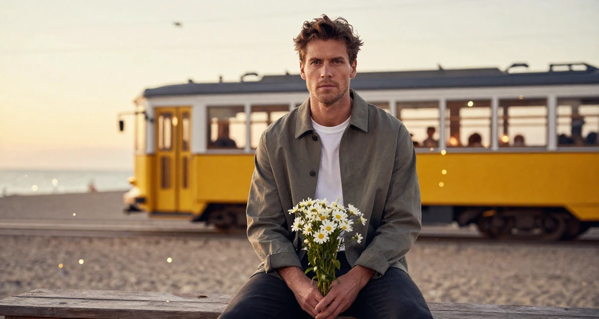 A determined male From Denmark, majored in furniture design in their 34, refining personal style to be timeless, wearing a relaxed streetwear, holding a bouquet in a sunset beach.