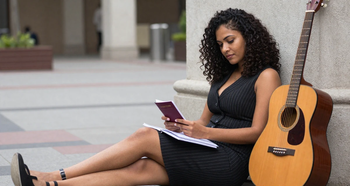 A proud and dignified Female From Sri Lanka, studied digital commerce in their 25, crafting a cute–seductive persona while studying full-time, wearing a pinstripe pencil skirt and a matching vest top, holding a passport in a pedestrian plaza.